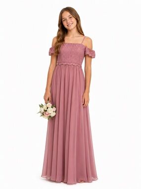 Azazie Vidia Dusty Rose Junior 12 Formal Bridesmaid Dress Lace Chiffon Gown